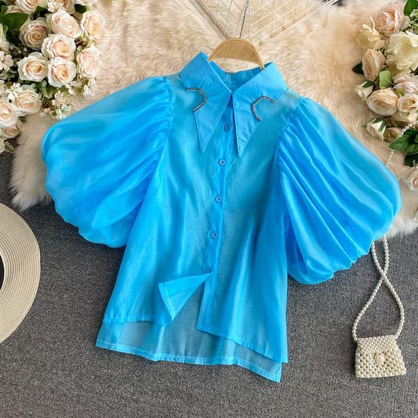 

women's blouses & shirts 2021 summer fashion korean retro blouse female irregular rhinestone lapel puff sleeve blusa short shirt kk1100, White