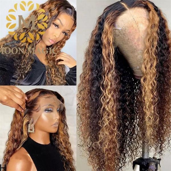 

highlight curly human hair wig 13x6 lace front colored wigs 150% remy brazilian for woman1, Black;brown