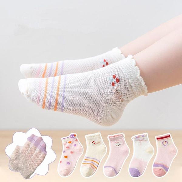 

socks 5pairs boys girls cartoon cotton children summer thin mesh short sock pink purple blue kids clothes accessories, Pink;yellow