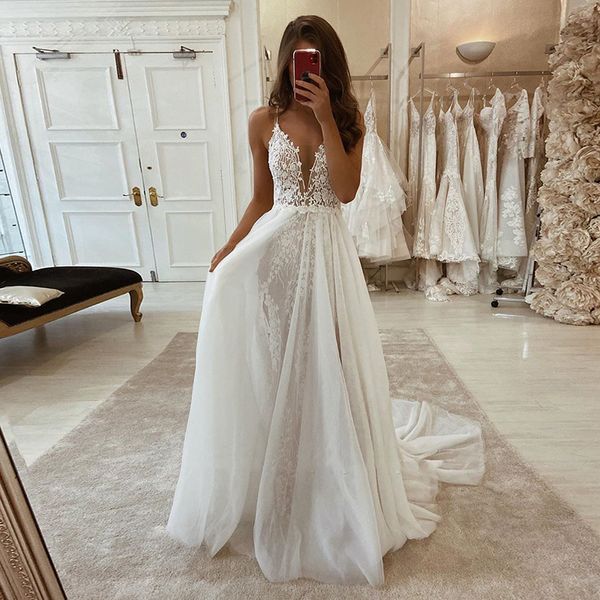 

wedding dress boho spaghetti strap appliques lace bohemian wedding gowns lace bridal dresses trouwjurk robe de mariage292o, White