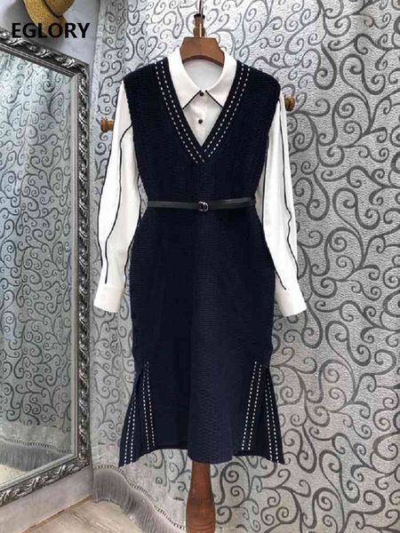 

skirts grade designer clothing sets autumn winter suit women turn-down collar striped white shirt+v-neck knitted, Black