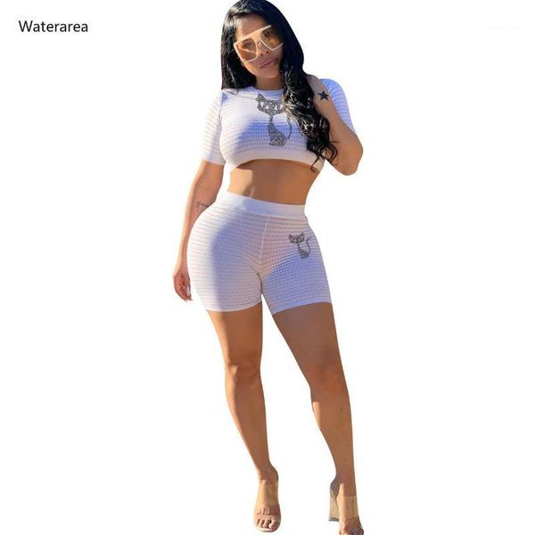 

summer women's set vintage cartoon rhinestones tee & shorts suit party club tracksuit sporty two piece outfit dress, White