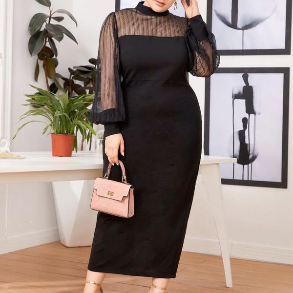

plus size dresses party dress women 2021 summer turtleneck mesh see through long sleeve black slim bodycon maxi