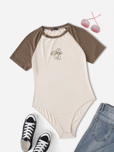 

plus mushroom print colorblock raglan sleeve bodysuit 05em#, Black