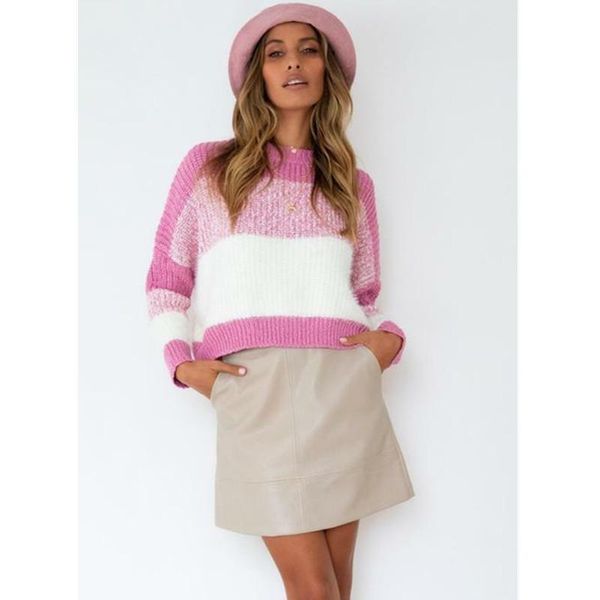 

women's sweaters stripe shoulder women knitted sweater autumn winter classic pink color matching pullovers knited female, White;black