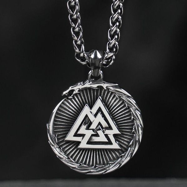 

chains necklace for men's retro nordic oviking celtic knot dragon round logo pendant hip hop fashion punk jewelry accessory gift, Silver