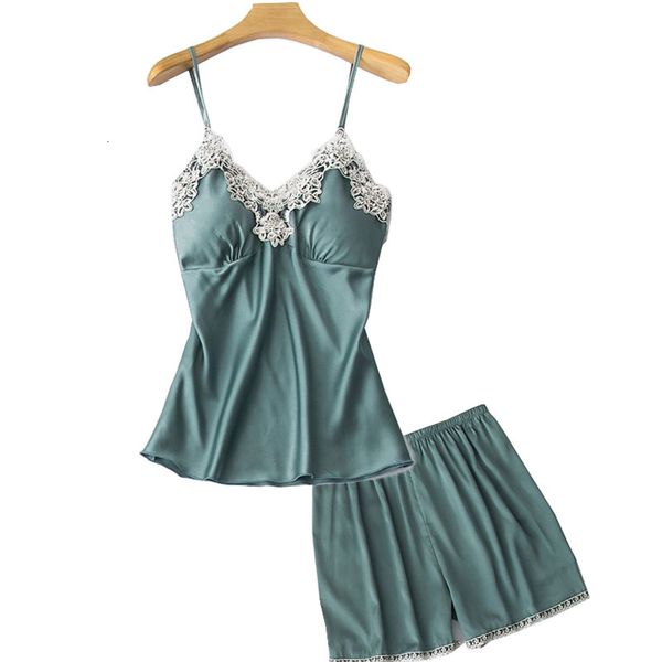 

women's sleepwear new ladies nightwear camisole+shorts 2pcs set soft silk satin solid color lace homewear for summer & spring, Black;red