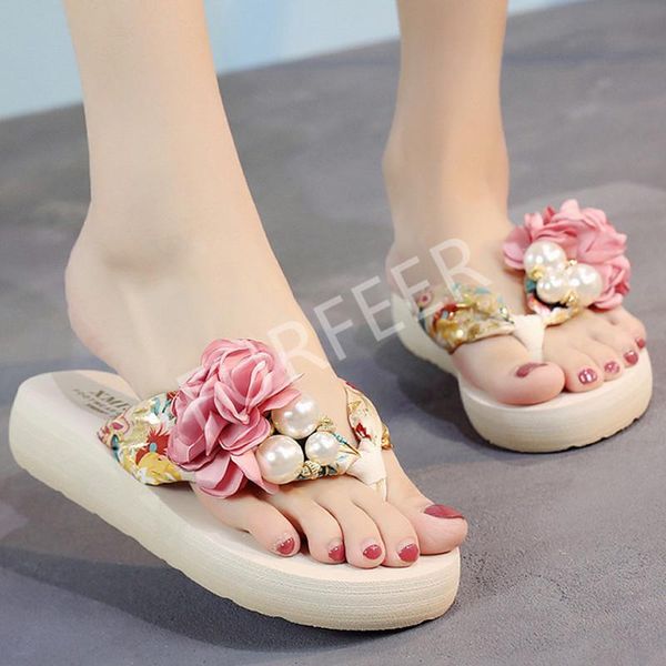 

slippers women's summer wedge sandals fashion pearl flower women slides leisure el home shoes outdoor female beach flip flops, Black