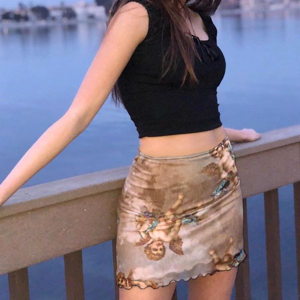 

skirts harajuku angel print kawaii summer skirt mesh patchwork double layer cute womens elastic high waist pencil, Black