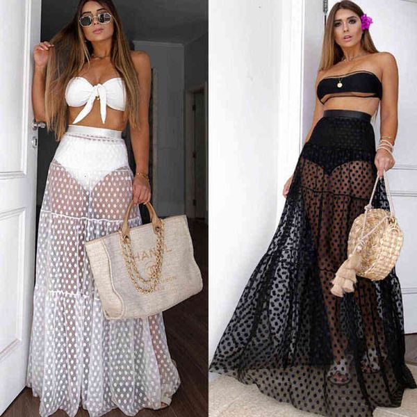 

women see through cover up swimwear sheer mesh dot skirt beach maxi wrap long skirt summer bathing suit cover-ups, White;black