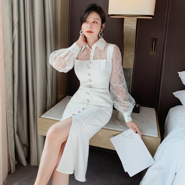 

dress in shredded lace lantern sleeves white sleeve slit midi fishtail dressed, Black;gray