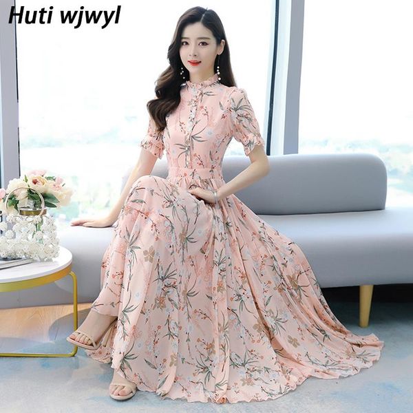 

casual dresses 2021 pink floral chiffon women maxi elegant bodycon party vestidos summer vintage 4xl plus size print midi dress, Black;gray