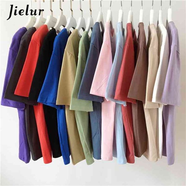 Jielur Tee Gömlek 15 Katı Renk Temel T Kadın Casual O-Boyun Harajuku Yaz Üst Kore Hipster Beyaz Tişört S-XL 210623