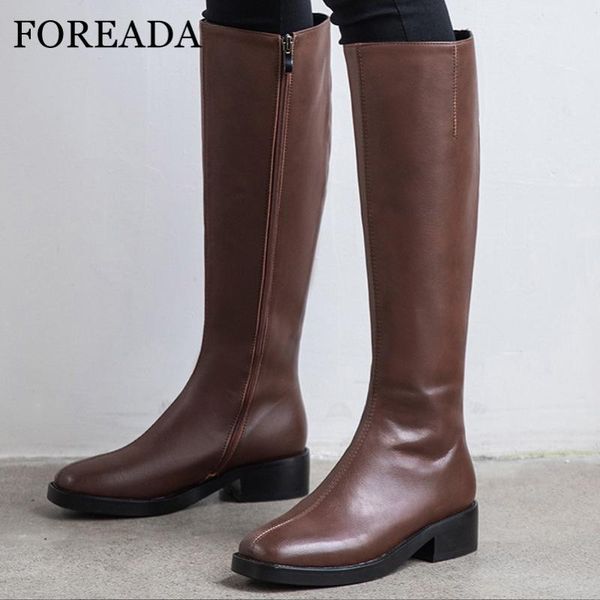 

boots foreada real leather med heel riding women block knee high square toe long zip lady shoes autumn winter, Black