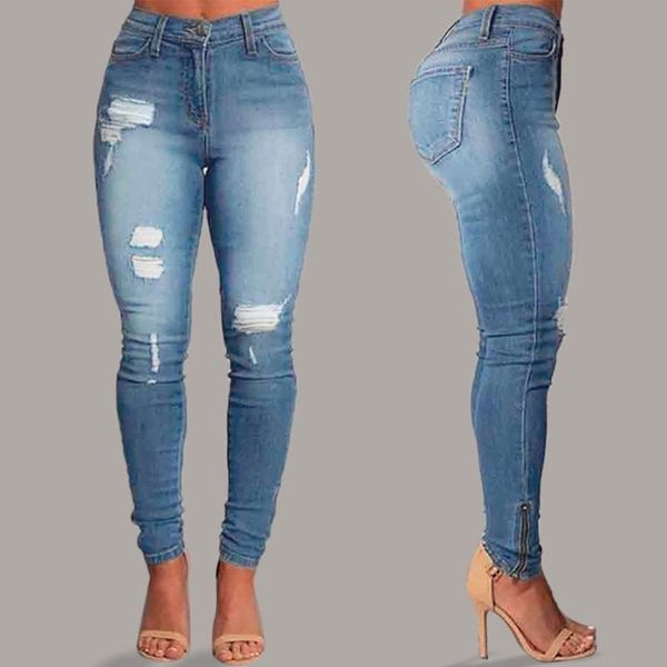 

Women's Jeans Ripped Women Korean High Waist Trousers Slim Button Hole Pants Hollow Pencil Spodnie Damskie y #T1G 9XJV, Blue