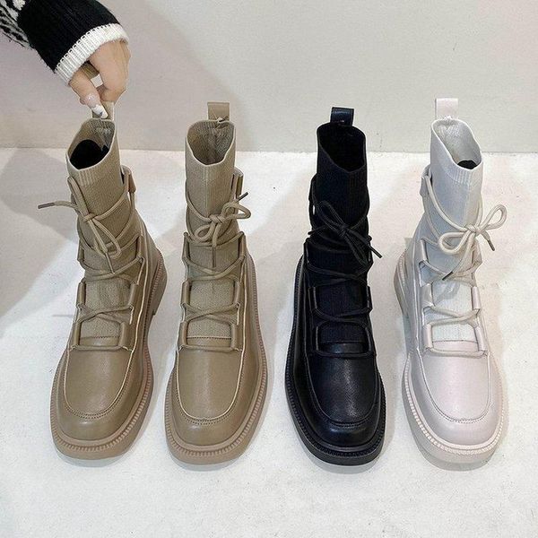 

boots 2021 street style women's platform female fashion chic lace splice ankle ladies autumn shoe women, Black