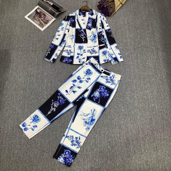 

women's tracksuits truevoker women runway high end fashion long sleeve blue print casual blazer + pant suit clothing set, Gray