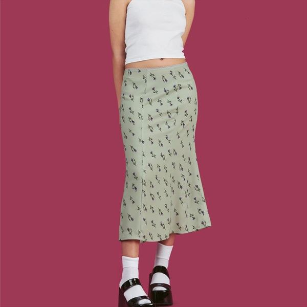 

dropship green midi vintage bohemia womens skirt floral print elastic waist med calf summer spring vacation, Black