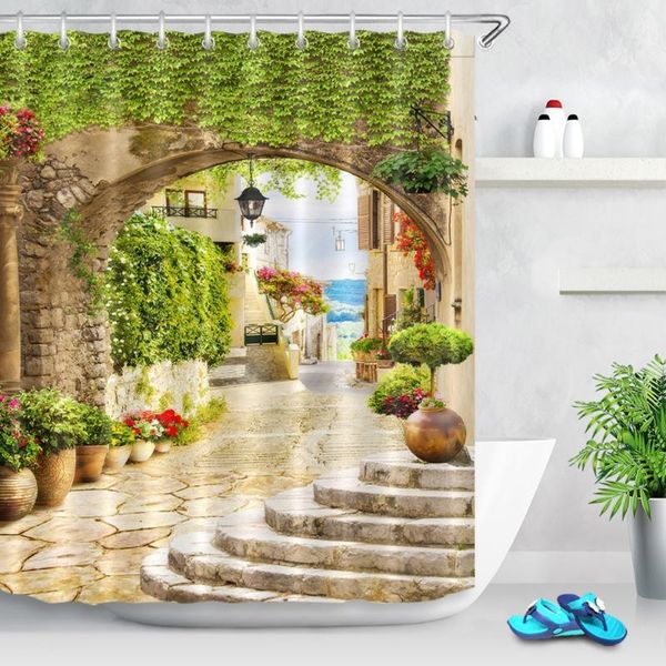 

street with flowers and homes arch stone digital scenic shower curtains bathroom curtain fabric for bathtub decor