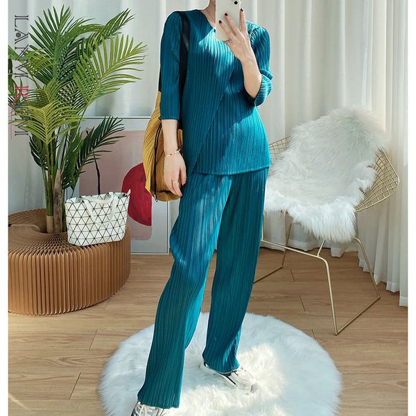 

spring summer pleated temperament casual suit pants t-shirt two piece irregular lady fashion tide 2d1229 210507, White