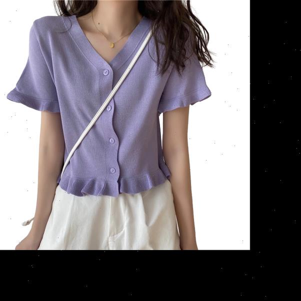 

women sweaters v neck knitted sweet ruffles short sleeve cardigans lady knitting summer thin sweater shirt crop for girls, White;black