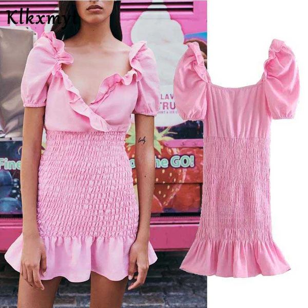 

klkxmyt za summer dress women fashion ruffles mini vintage short puff sleeve elastic female party es vestido 210527, Black;gray