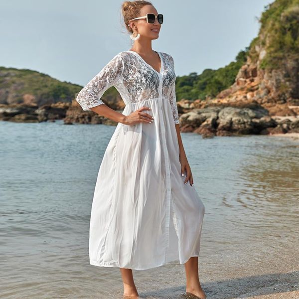 

women's swimwear tunics for beach swimsuit cover up women long kaftan beachwear pareo dress, White;black