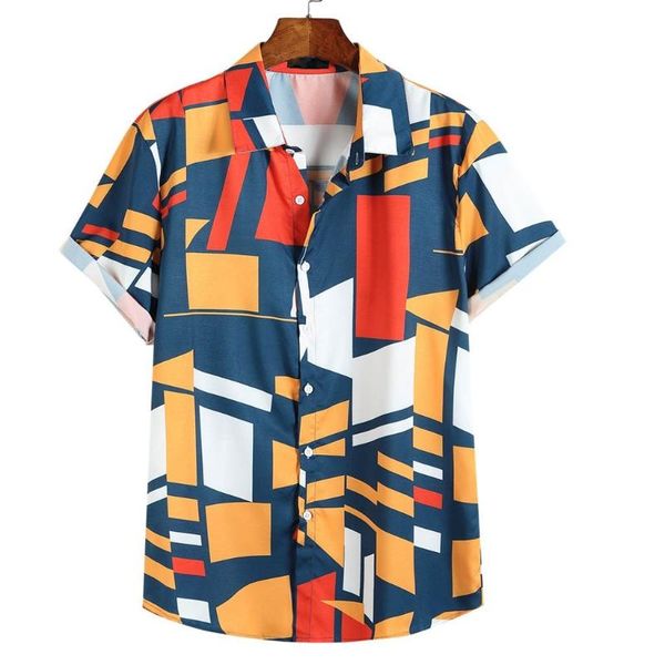 

men's casual shirts shirt hawaiian contrast color geometric printed blouse turn down collar short sleeve loose camisa hombre, White;black