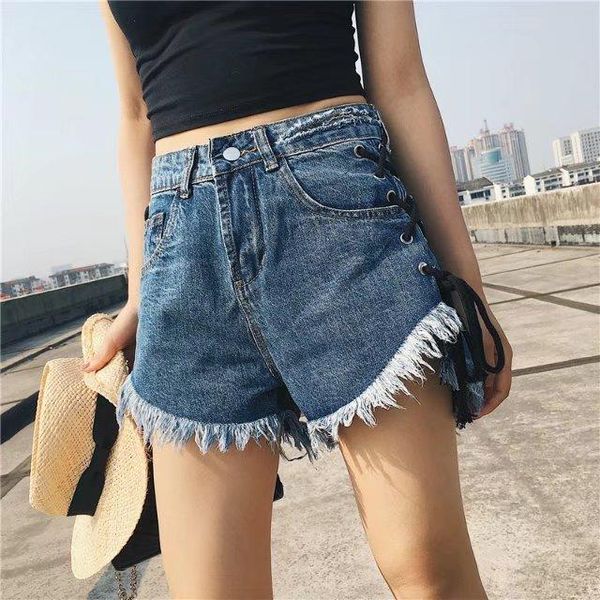 Damen Street Fashion Wear Shorts Denim Cutoffs – Schnürgebundene Jeans mit Cut-off und ausgefranstem Saum für Damen