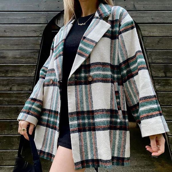 

women's wool & blends agong autumn notched loose coats women fashion plaid buttons jackets elegant pockets short female ladies, Black