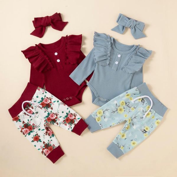 

clothing sets 0-18 months baby girls 3pcs outfit clothes solid color ruffled long sleeve romper floral elastic waist pants headband for fall, White