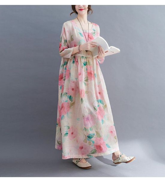 

casual dresses women's pink print loose cotton long linen elegant spring autumn fashion plus size fat summer dress for women, Black;gray