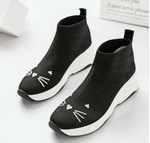 

boots womens round toe knitting ankle cat decor lolita pull on socks sweet shoes wedge high heel sneakers black grey c899