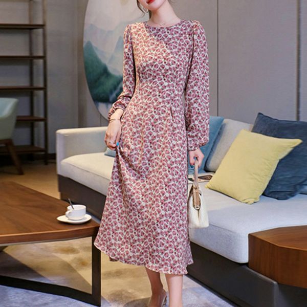 

casual dresses feminino vestido floral em torno do pescoo chiffon manga longa pastoral francs a-line doce senhora moda primavera m71w, Black;gray