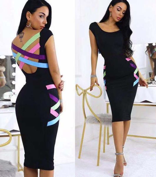 Vestito sexy dalla fasciatura senza schienale con lacci Multicolor Mini matita Celebrity Lady Dress senza maniche con spalline aderente casual Dobanmbd 210319