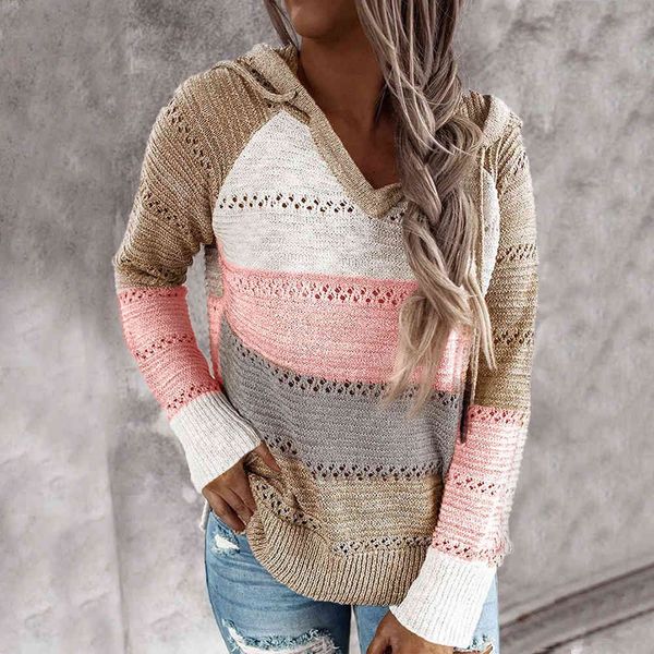 

women's hooded knit sweater autumn winter clothes contrasting color stitching hooded long-sleeve knitwear women pullovers 210514, White;black