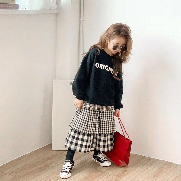 

clothing sets girls letter long sleeve t-shirt with plaid cake skirt 2 piece outfits 2-7 years children spring autumn fashion clothes set, White