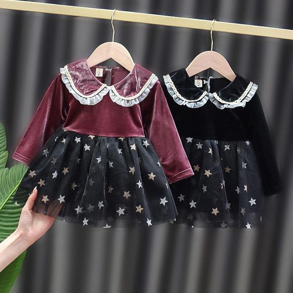 

girl's dresses spring autumn baby girls long sleeve lace lapel collar velvet patchwork mesh star children kids ball gown tutu dress ves, Red;yellow