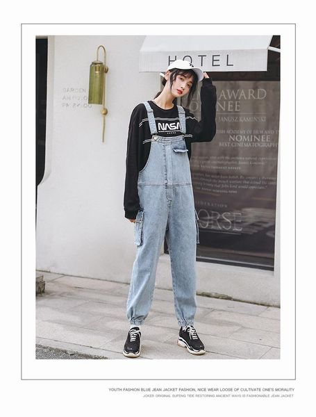 

women's jumpsuits & rompers long pants blue jeans elegant womens ladies baggy denim full length pinafore dungaree overall jumpsuit cott, Black;white