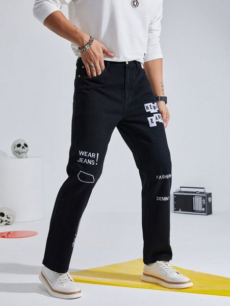 

men slogan embroidery slant pocket jeans g0n5#, Blue