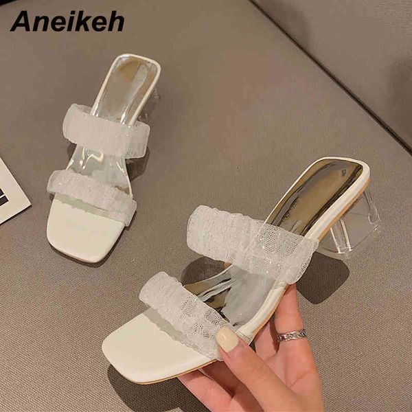 

women's shoe summer fashion shallow head peep toe sweet lace transparent mid heel outside slippers concise slip-on 210507, Black