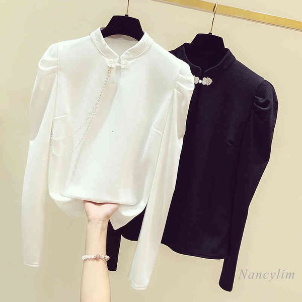 

blouses retro button chain bubble sleeve shirt women's spring casual solid color blouse lady slim blusas mujer white black