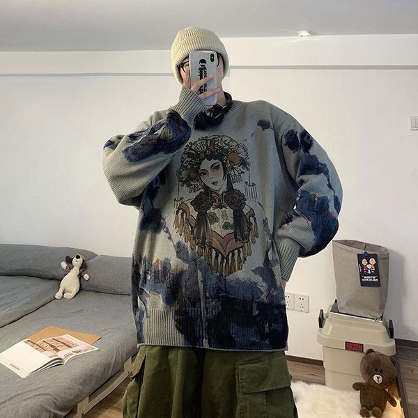 

men's sweaters men casual cartoon cotton warm autumn winter harajuku vintage hip hop streetwear sweater long sleeve, White;black