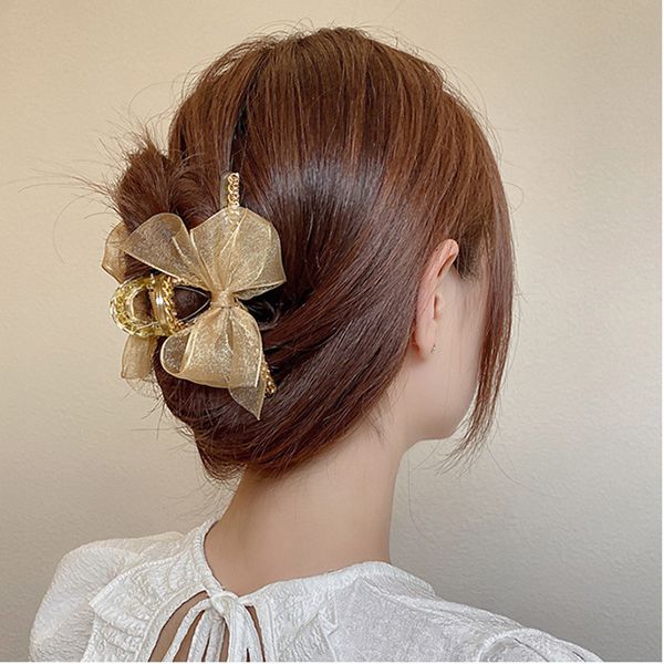 

barrettes hairpin korean diamond mesh bow female minority curling hair plastic catch clip shark simple temperament, Golden;silver