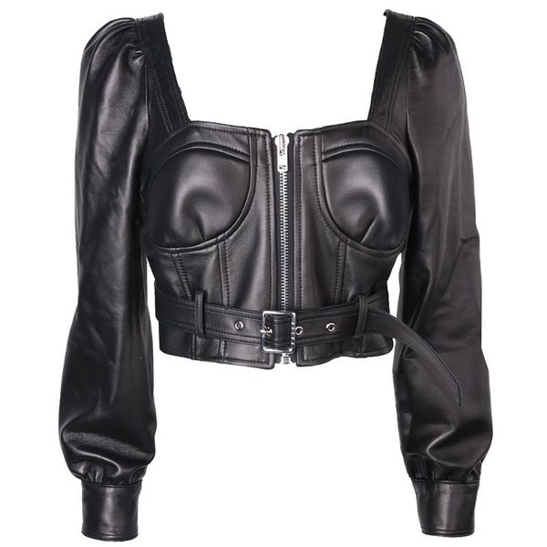 

women's leather & faux yoloagain women square collar long sleeve backless genuine crop jacket, Black