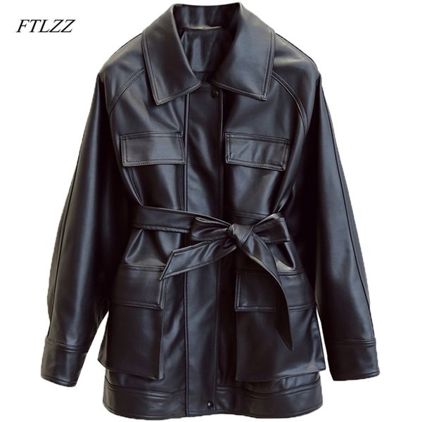 

ftlzz slim pu coats women faux leather jackets vintage motor biker elegant tie belt waist pockets buttons 211022, Black