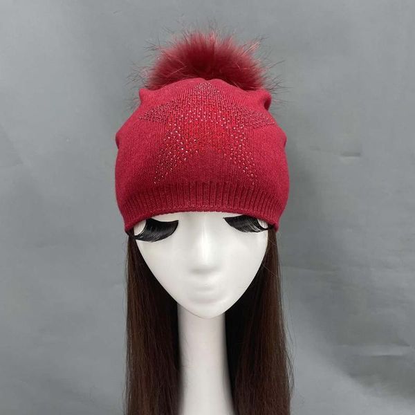 

beanie/skull caps big back five pointed star wool hat fashion insert cap raccoon balls can be dyed, Blue;gray