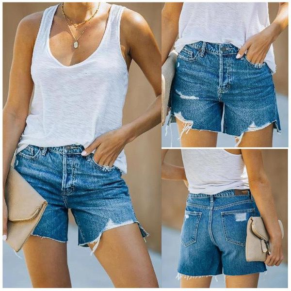 

women's jeans 2021 summer casual temperament ladies straight mid-waist comfortable tear-through breathable denim shorts ws22, Blue