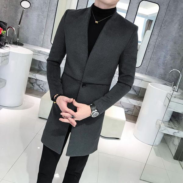 

men's wool & blends blend winter coat men stand-up collar woolen overcoat fashion solid business casual long trench jacket, Black