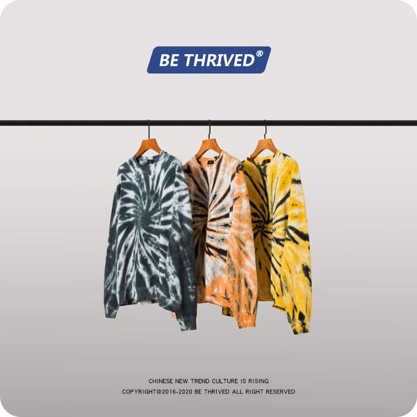 

be men's clothing autumn 2021 380g hand contrast tie dyed sweater street high street brand round neck coat, Black